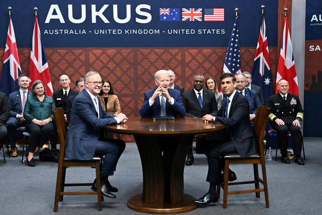 <p>From left, Anthony Albanese, Joe Biden and Rishi Sunak during the Aukus summit in San Diego on Monday</p>