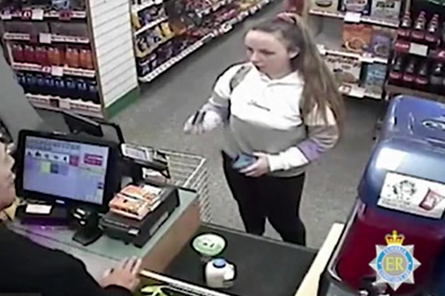 Screen grab taken from CCTV issued by Cumbria Police showing Eleanor Williams shopping in a Spar, at a time she claimed she was being trafficked