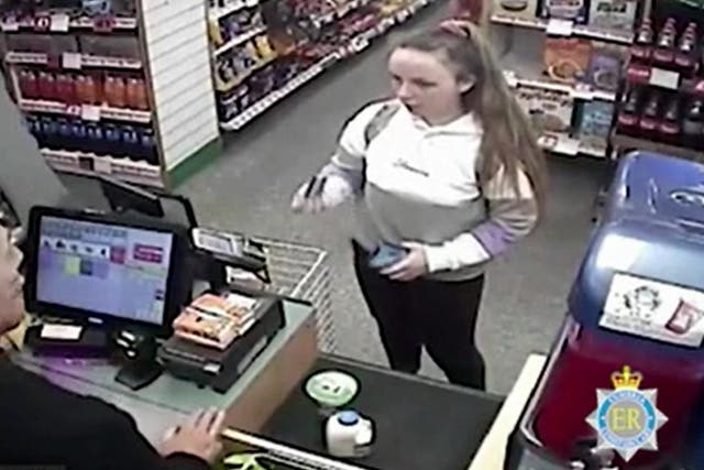 <p>Screen grab taken from CCTV issued by Cumbria Police showing Eleanor Williams shopping in a Spar, at a time she claimed she was being trafficked</p>