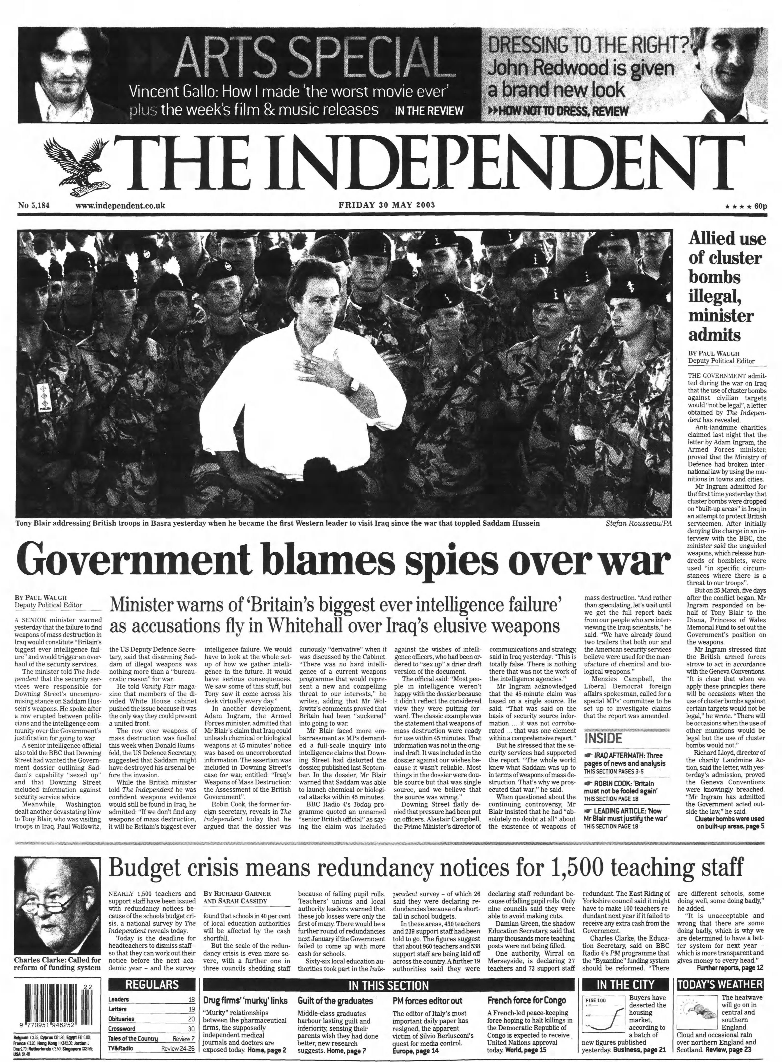 The Independent front page on 30 May 2003