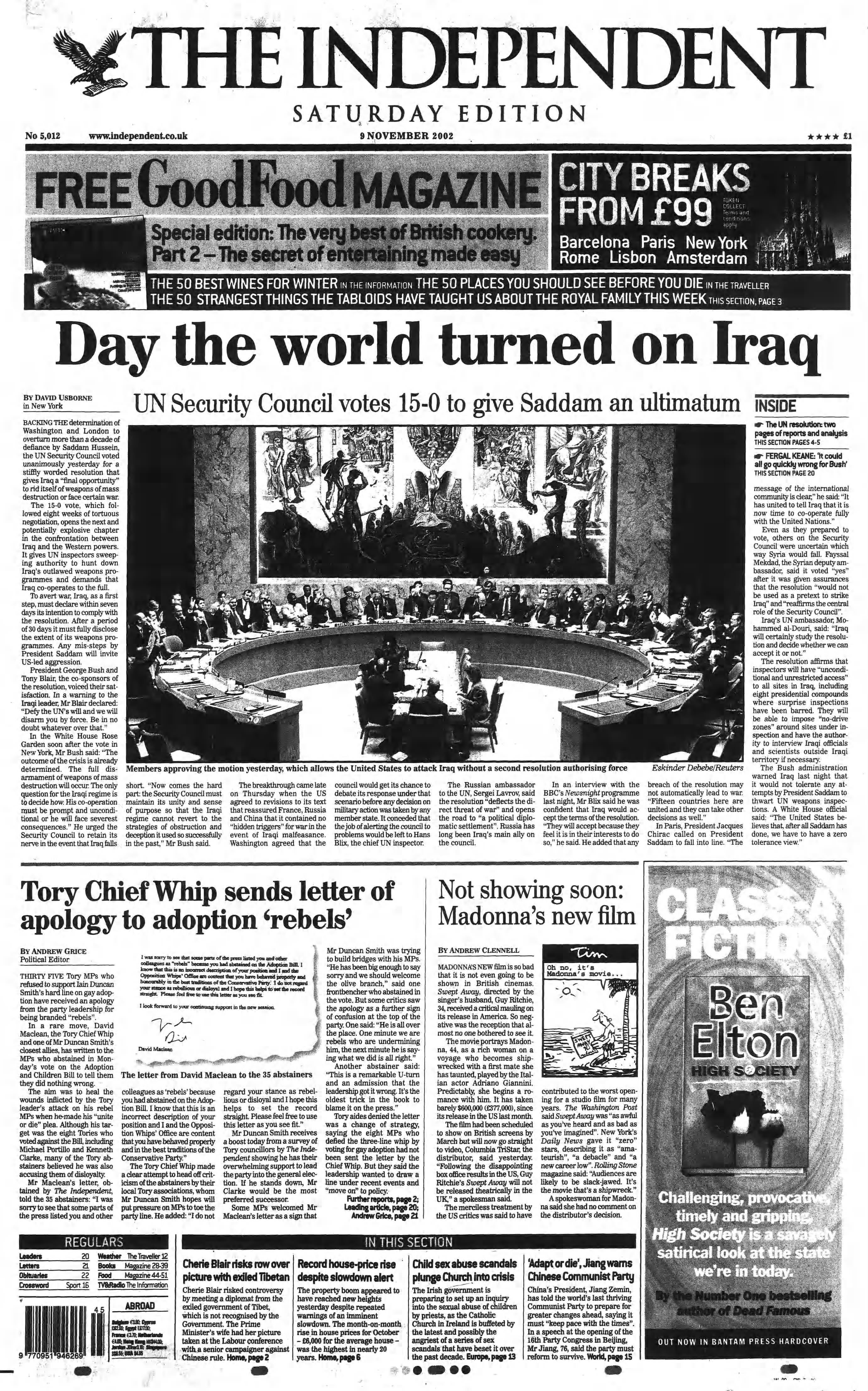 The Independent front page on 9 November 2002