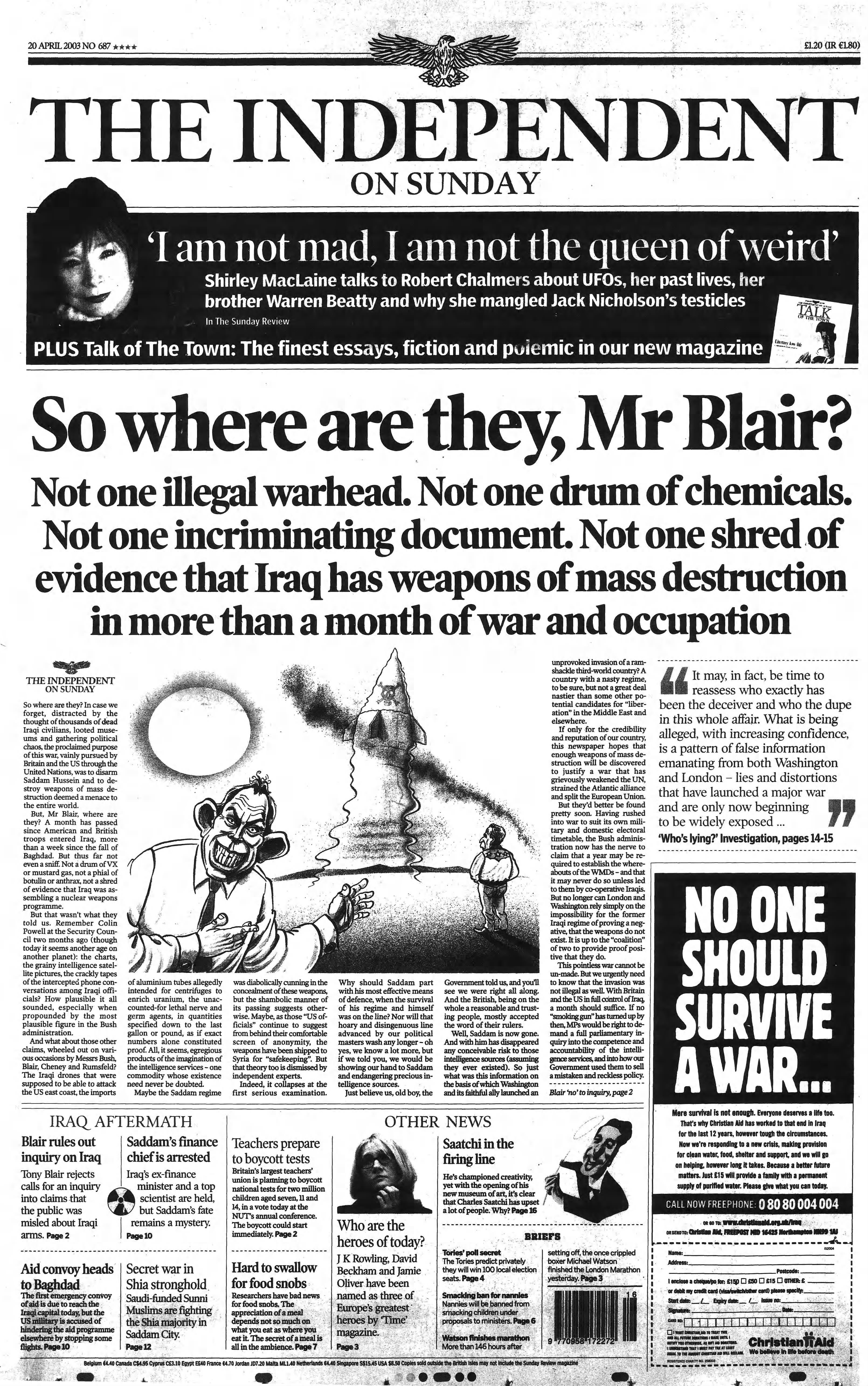 The Independent front page on 20 April 2003
