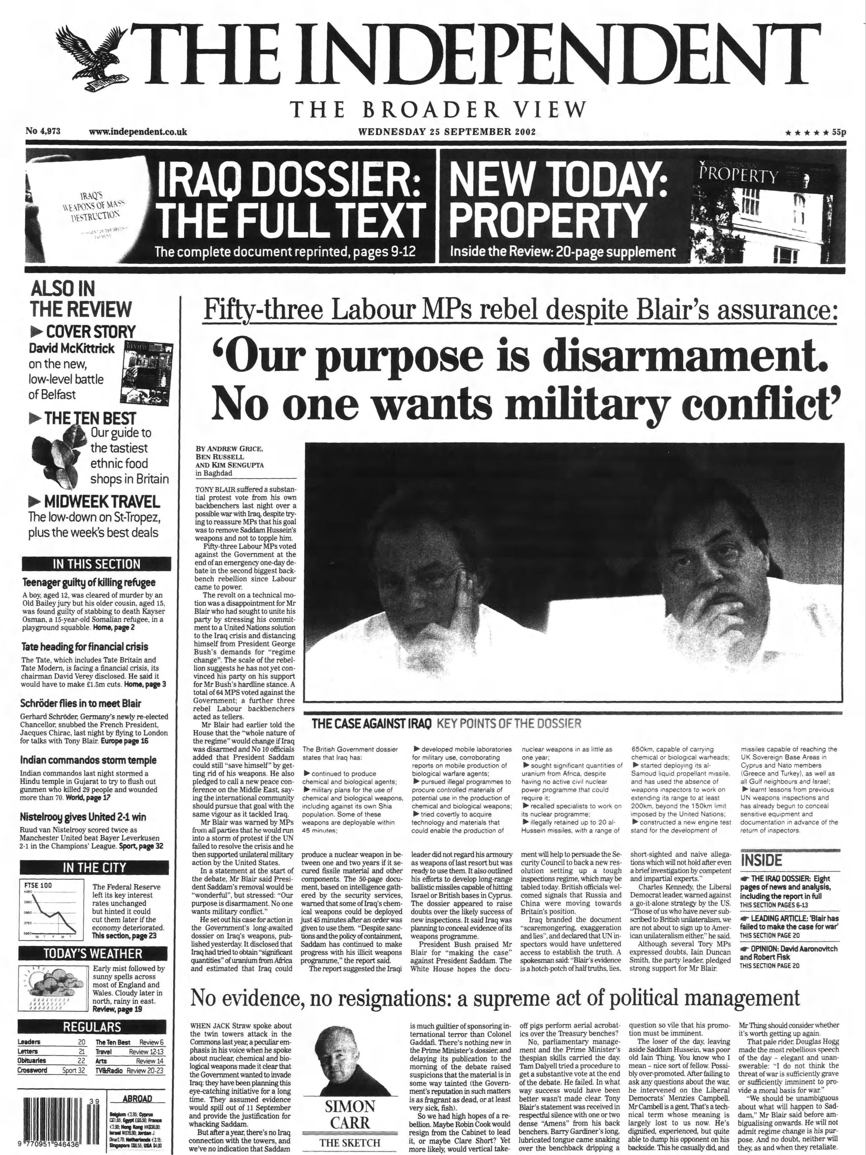 The Independent front page on 25 September 2002