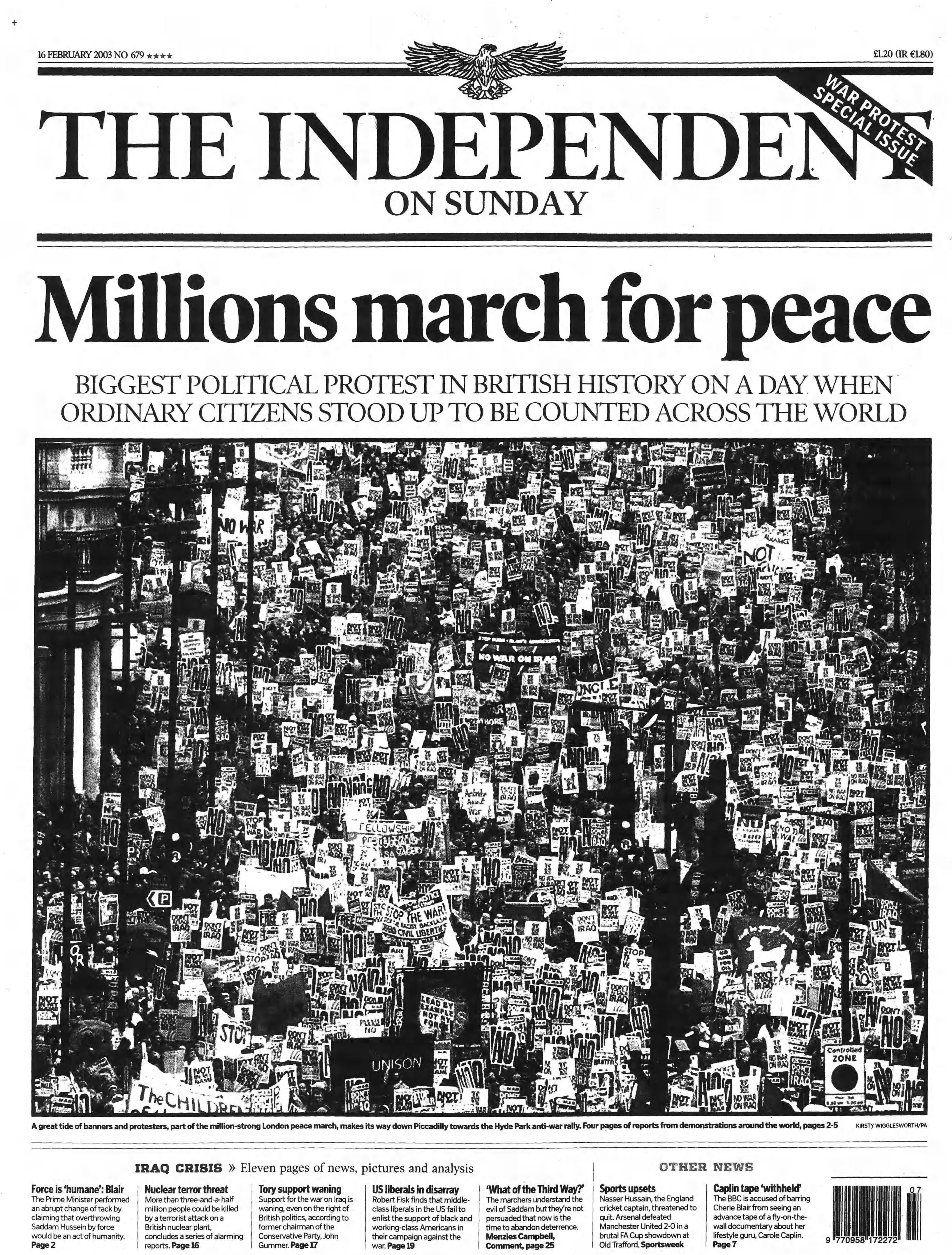 The Independent on Sunday front page on 16 February 2003