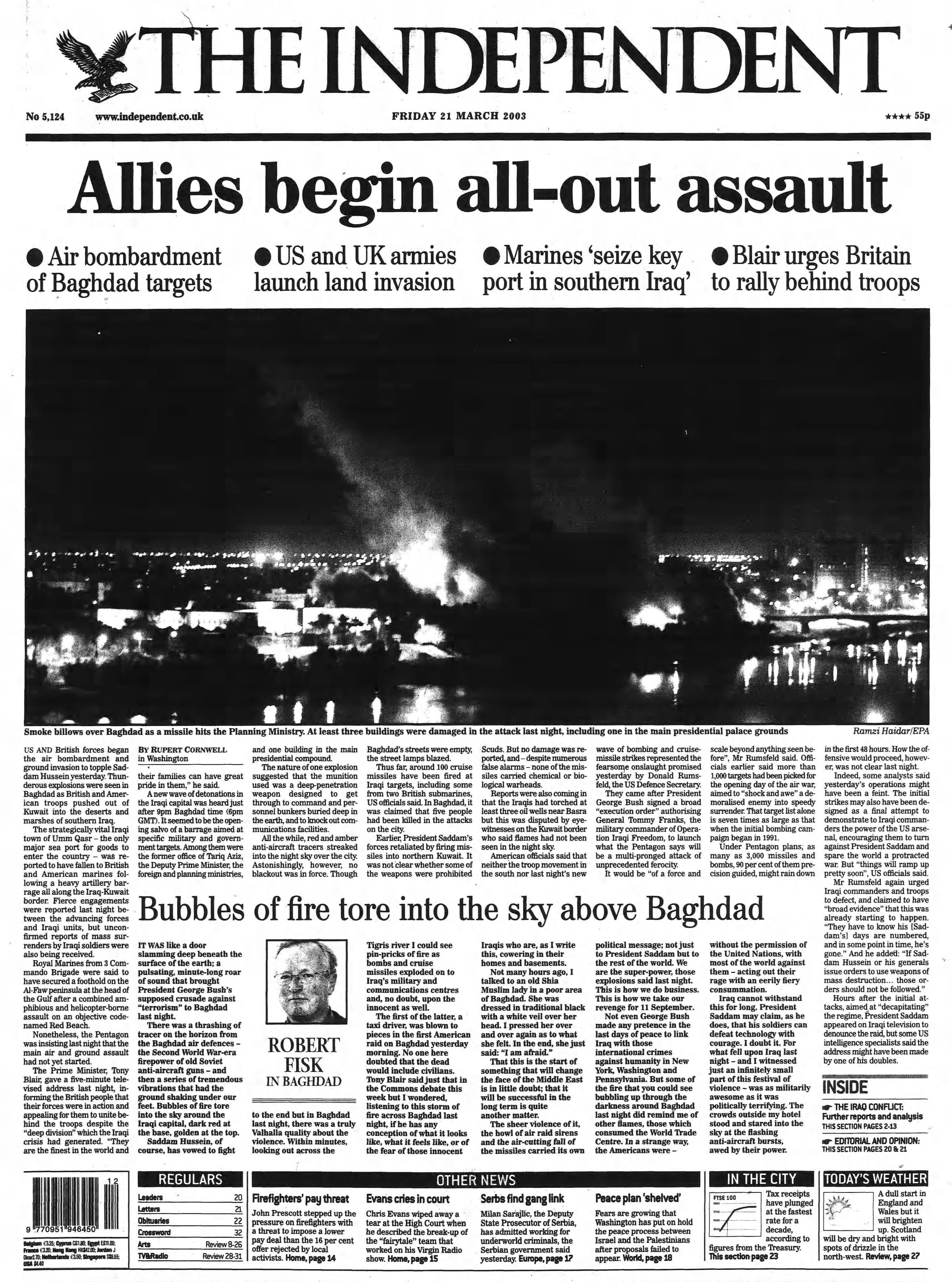 The Independent front page on 21 March 2003