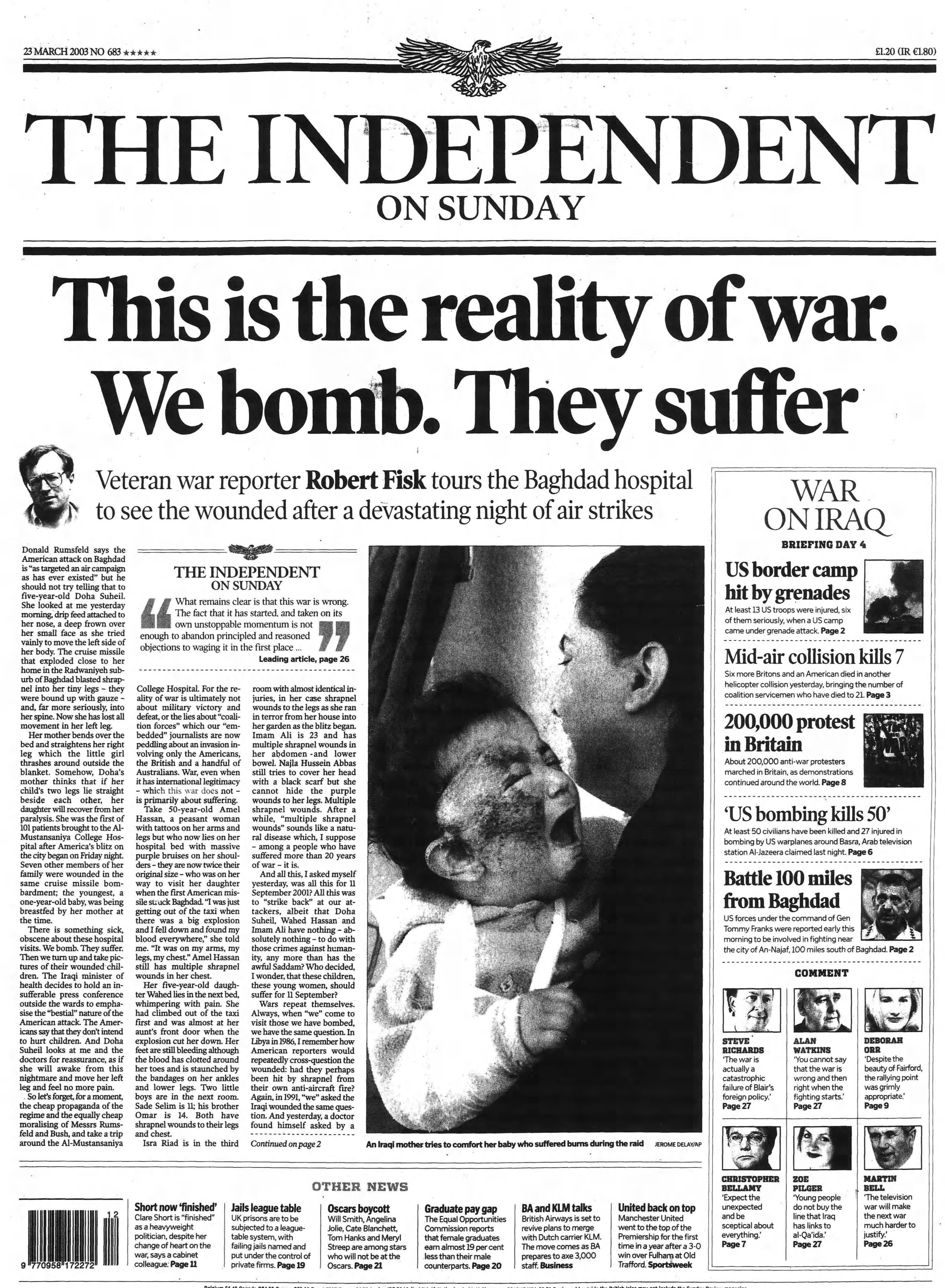 The Independent front page on 23 March 2003