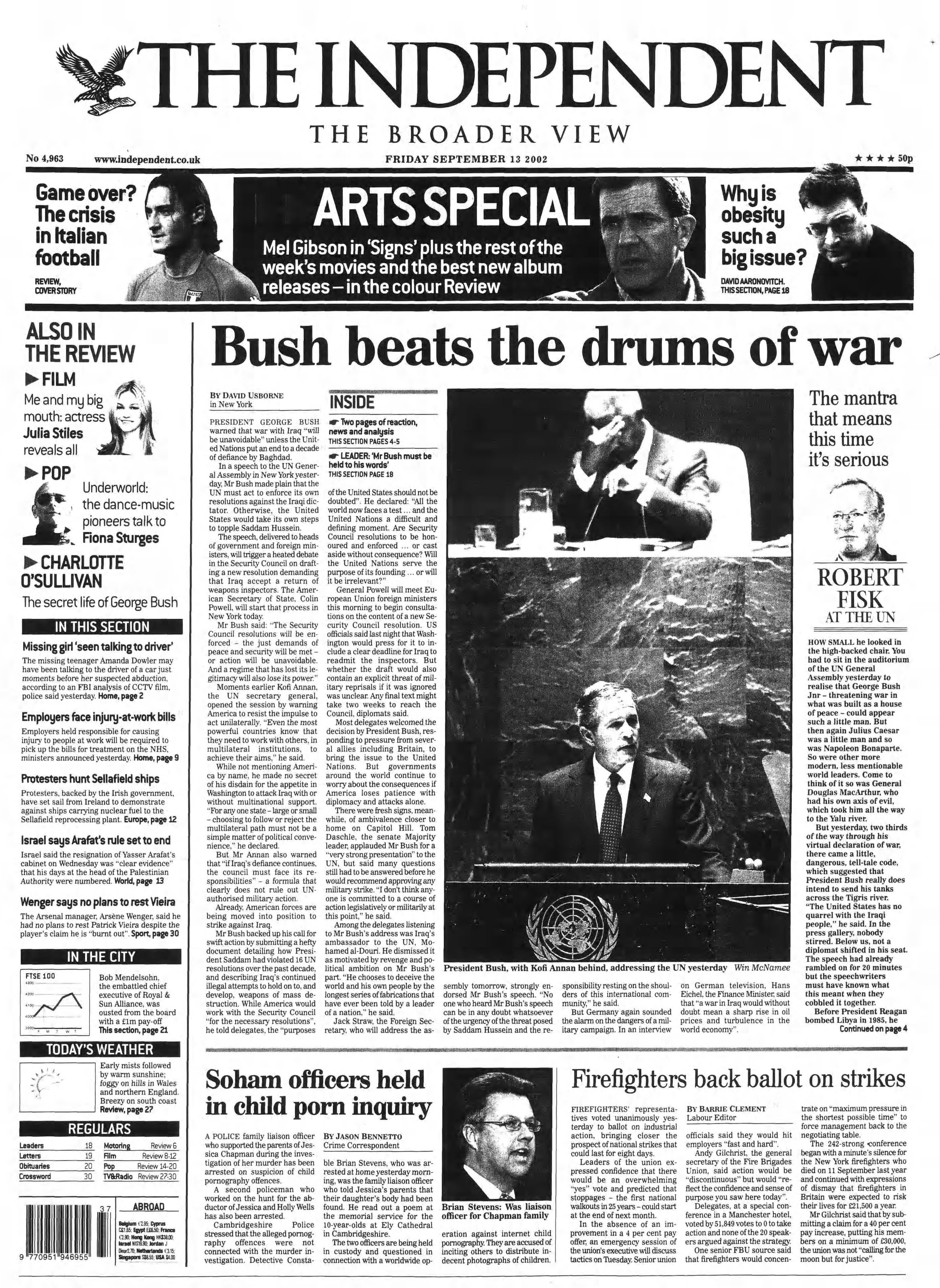 The Independent front page on 13 September 2002