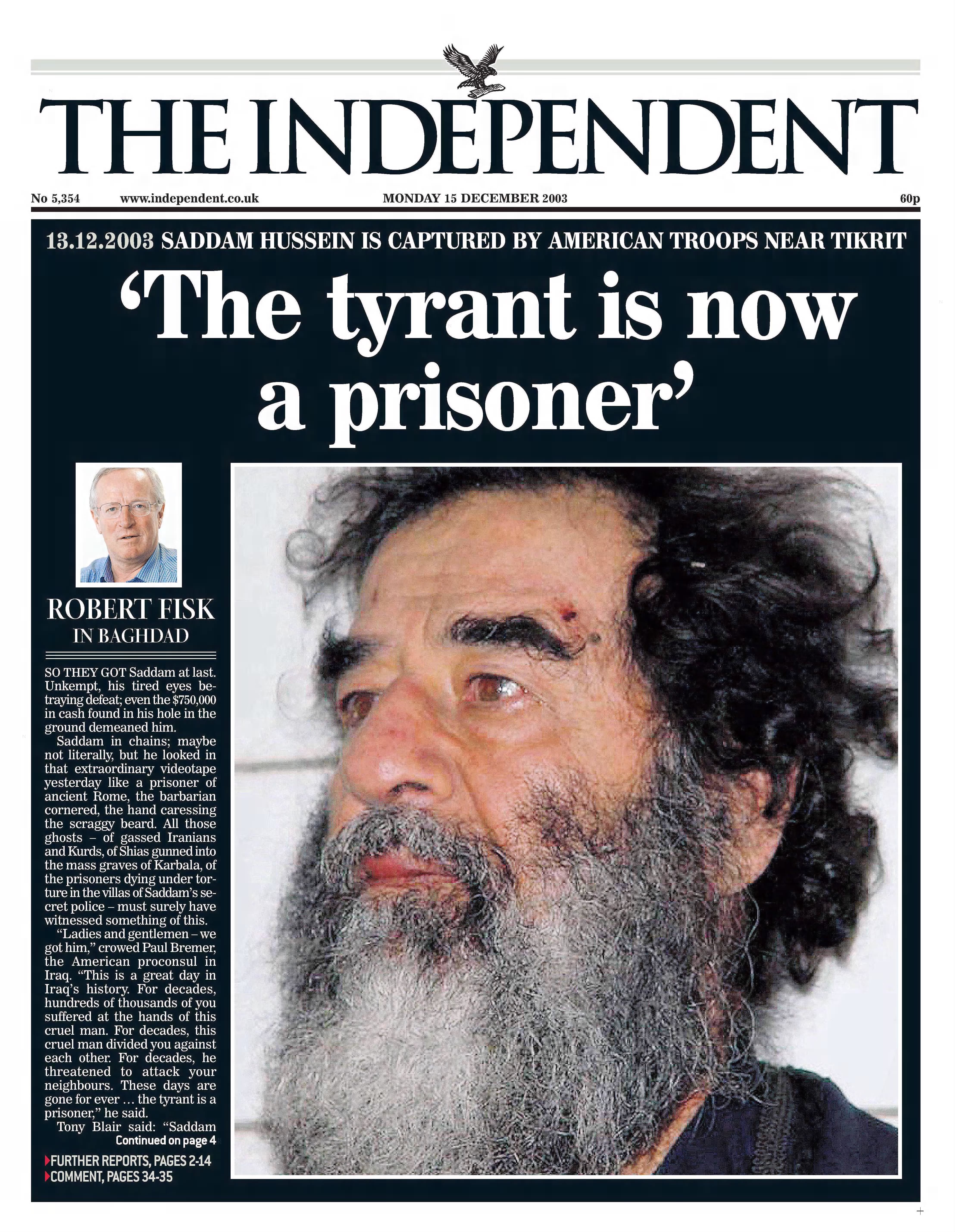 The Independent front page on 15 December 2003