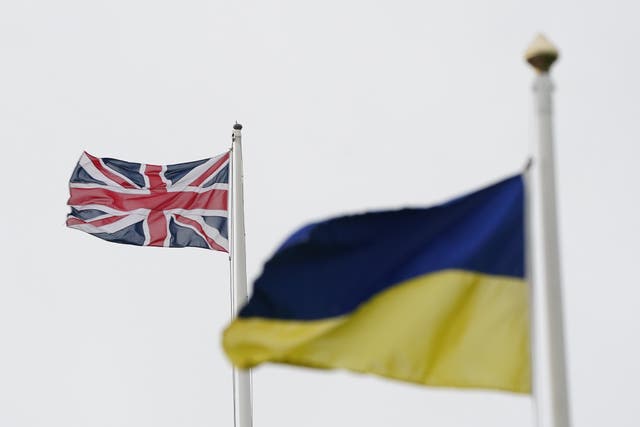 An Ukrainian and Union flag flying above Spanish City in Whitley Bay, North Tyneside. Picture date: Friday May 6, 2022 (Owen Humphreys/PA)