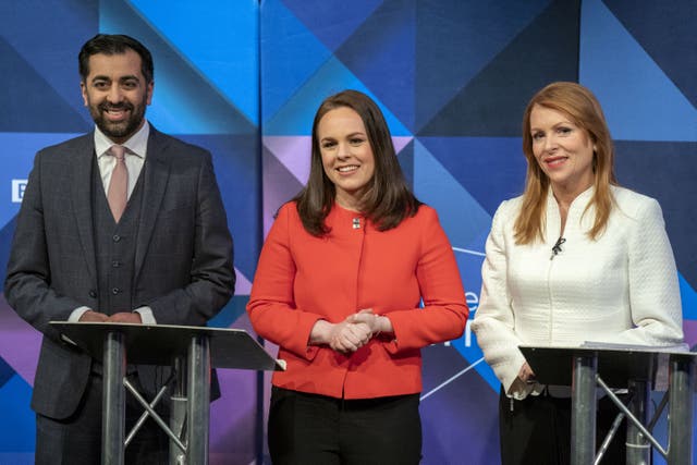 <p>SNP contenders Humza Yousaf, Kate Forbes and Ash Reagan in the final TV debate</p>