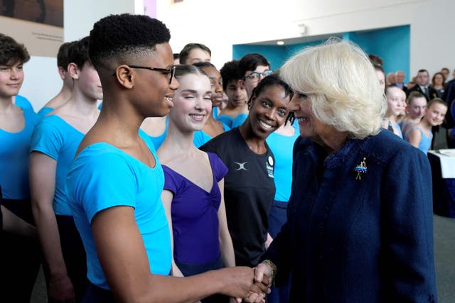 <p>Camilla, Queen Consort (R) meets Nigerian dancer Anthony Madu, who won a scholarship after a video of him dancing in Lagos went viral, during her visit to the Elmhurst Ballet School</p>