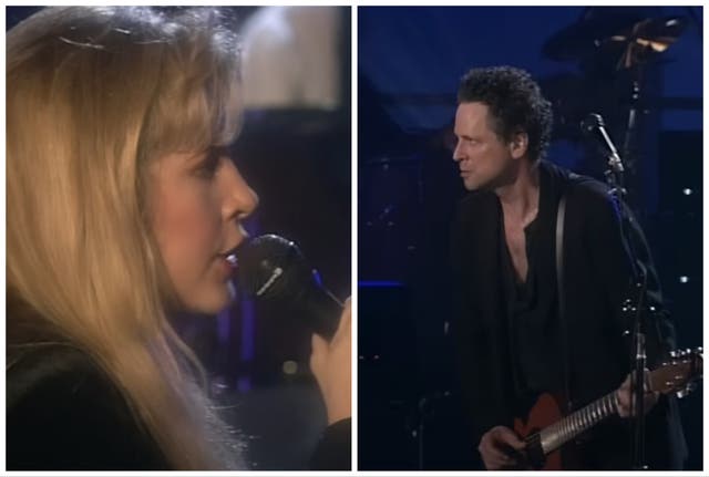 <p>Stevie Nicks and Lindsey Buckingham during the Fleetwood Mac reunion concert in 1997</p>