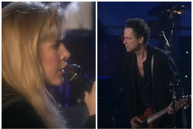 <p>Stevie Nicks and Lindsey Buckingham during the Fleetwood Mac reunion concert in 1997</p>