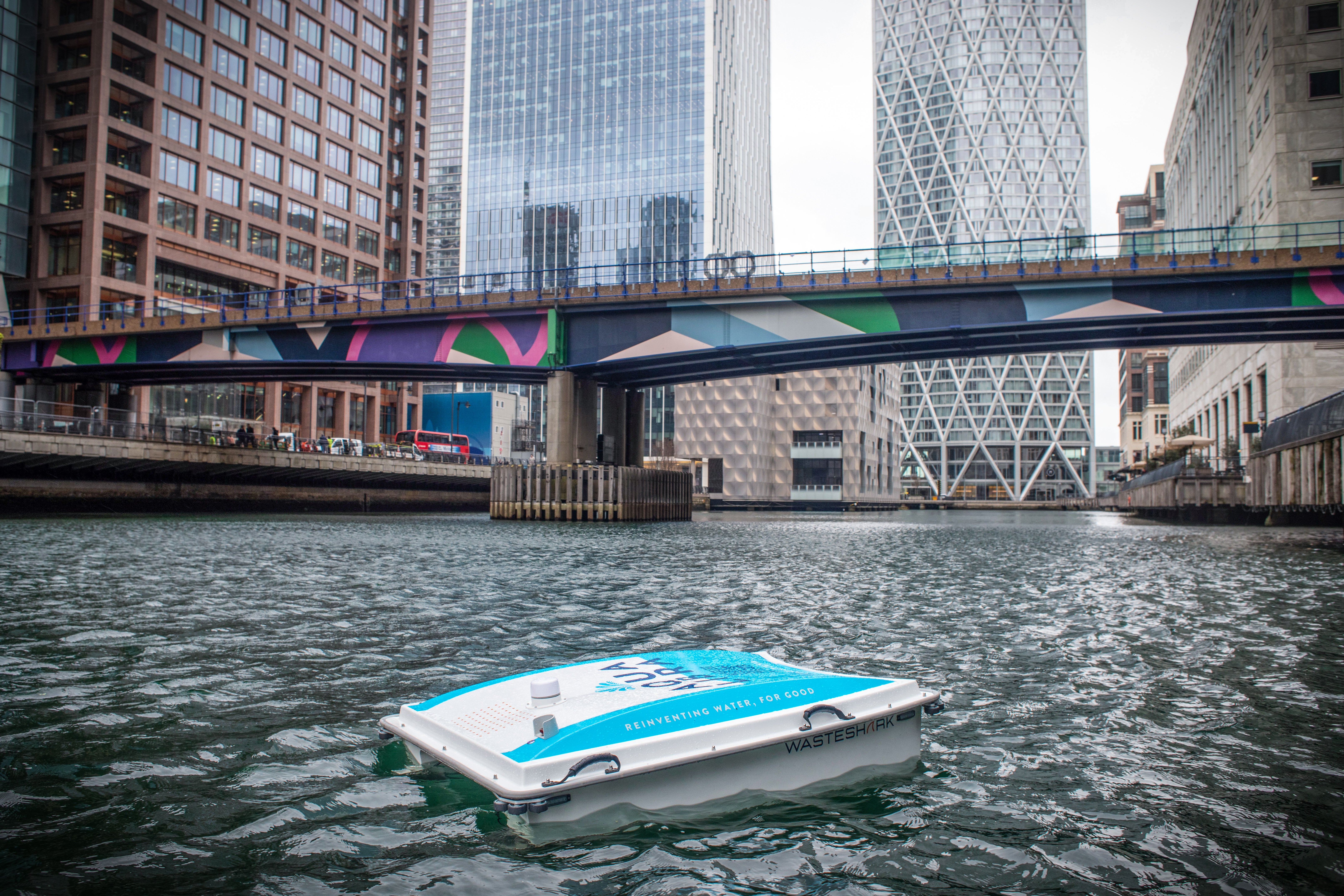 London’s first marine robot, AquaLibra WasteShark, removing plastic waste, microplastics and pollutants from the water, Canary Wharf