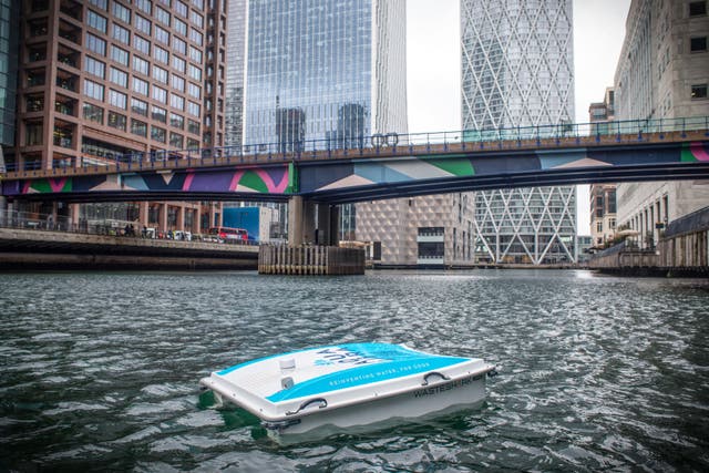 <p>London’s first marine robot, AquaLibra WasteShark, removing plastic waste, microplastics and pollutants from the water, Canary Wharf</p>
