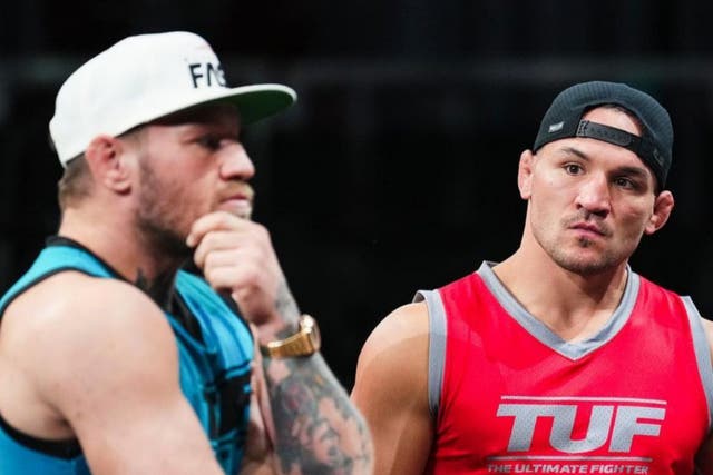 <p>Conor McGregor (left) and Michael Chandler on the set of ‘The Ultimate Fighter’ </p>