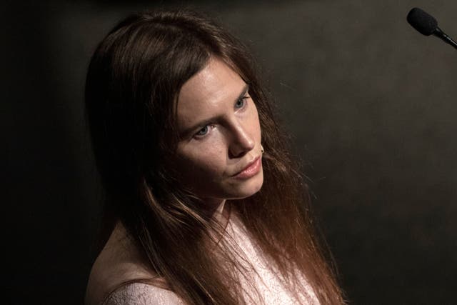 <p>Amanda Knox delivers a speech during a panel session entitled 'Trial by Media' during the first edition of the Criminal Justice Festival in June </p>