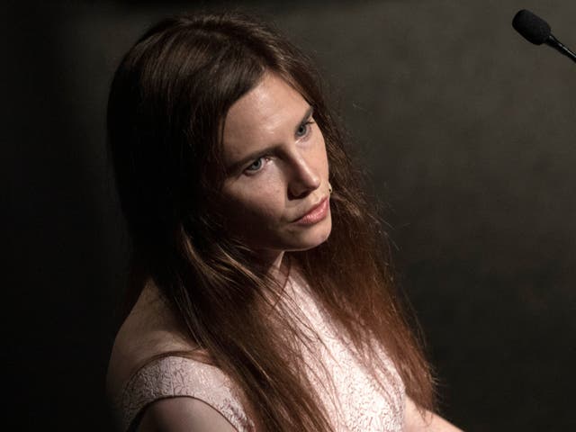 <p>Amanda Knox delivers a speech during a panel session entitled 'Trial by Media' during the first edition of the Criminal Justice Festival in June </p>