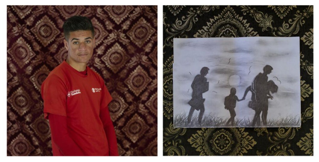 A portrait of Yamen in Za'atari refugee camp, alongside his drawing of his family fleeing Syria in 2013