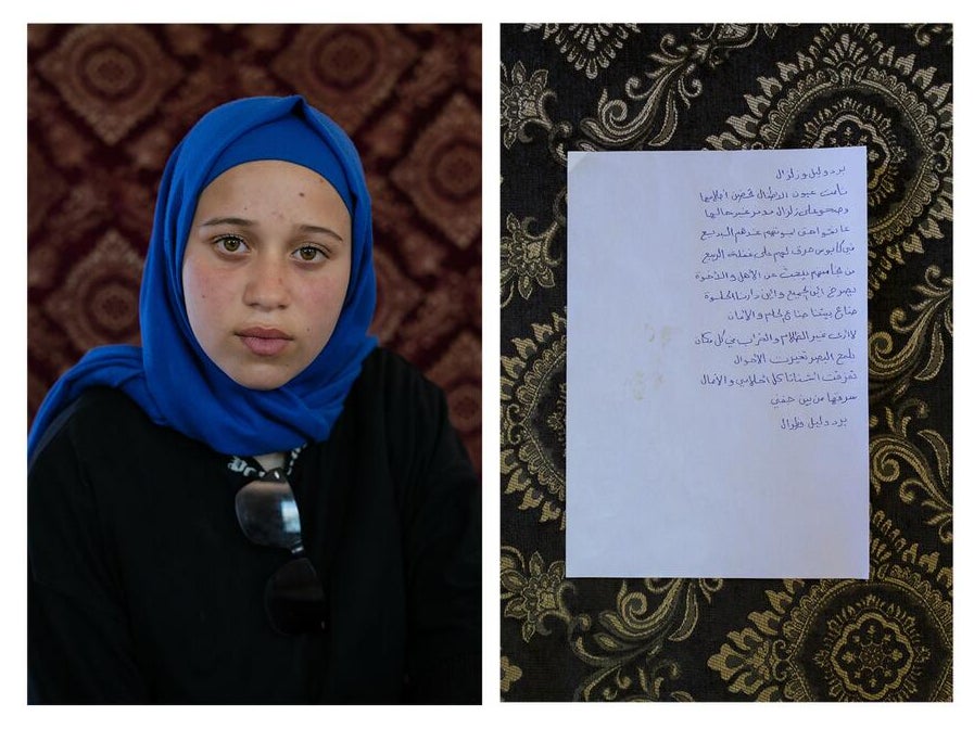 A portrait of Noor*, aged 13, inside Za’atari refugee camp, Jordan, alongside a poem she has written about the Turkey Syria earthquakes.