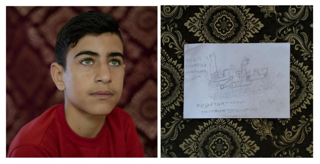 Portrait of Ayham*, aged 15, inside Za’atari refugee camp Jordan, alongside his drawing of buildings asking for help during the earthquakes