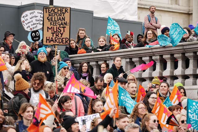 Teachers on strike with their families during a rally in Trafalgar Square, central London (Aaron Chown/PA)