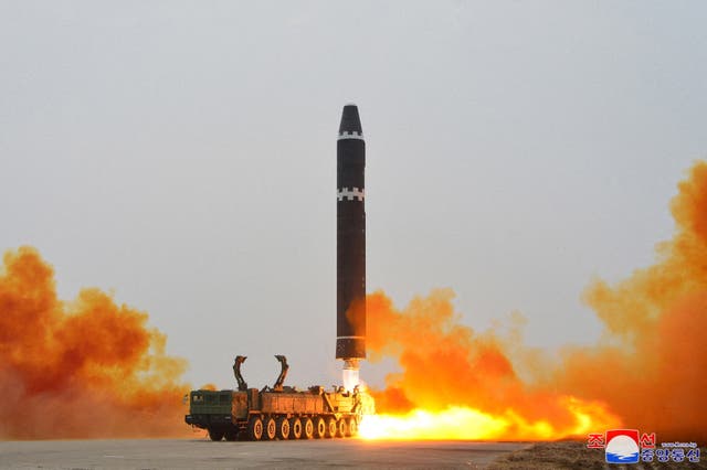 <p>File  A Hwasong-15 intercontinental ballistic missile (ICBM) is launched at Pyongyang International Airport, in Pyongyang,</p>