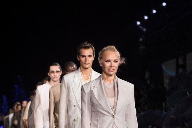 Pamela Anderson walks in the Boss Spring/Summer 2023 collection presentation (Scott Roth/AP)
