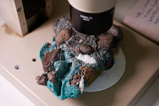 <p>‘Plastic rocks’ found on Trindade Island in the state of Espirito Santo is seen at the laboratory of the Federal University of Parana</p>