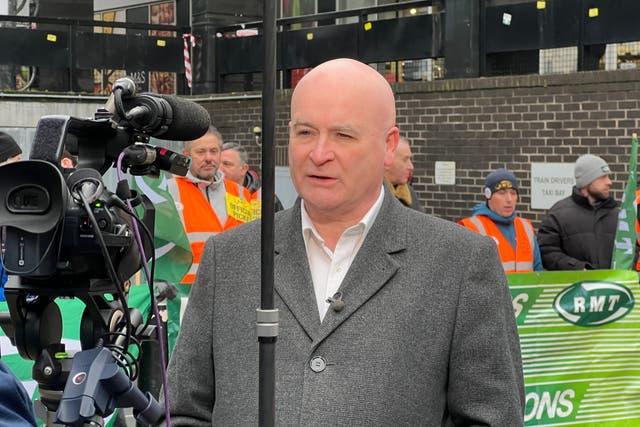 <p>Action station: Mick Lynch, RMT union leader. talking to Sky News at a picket line at London Euston</p>