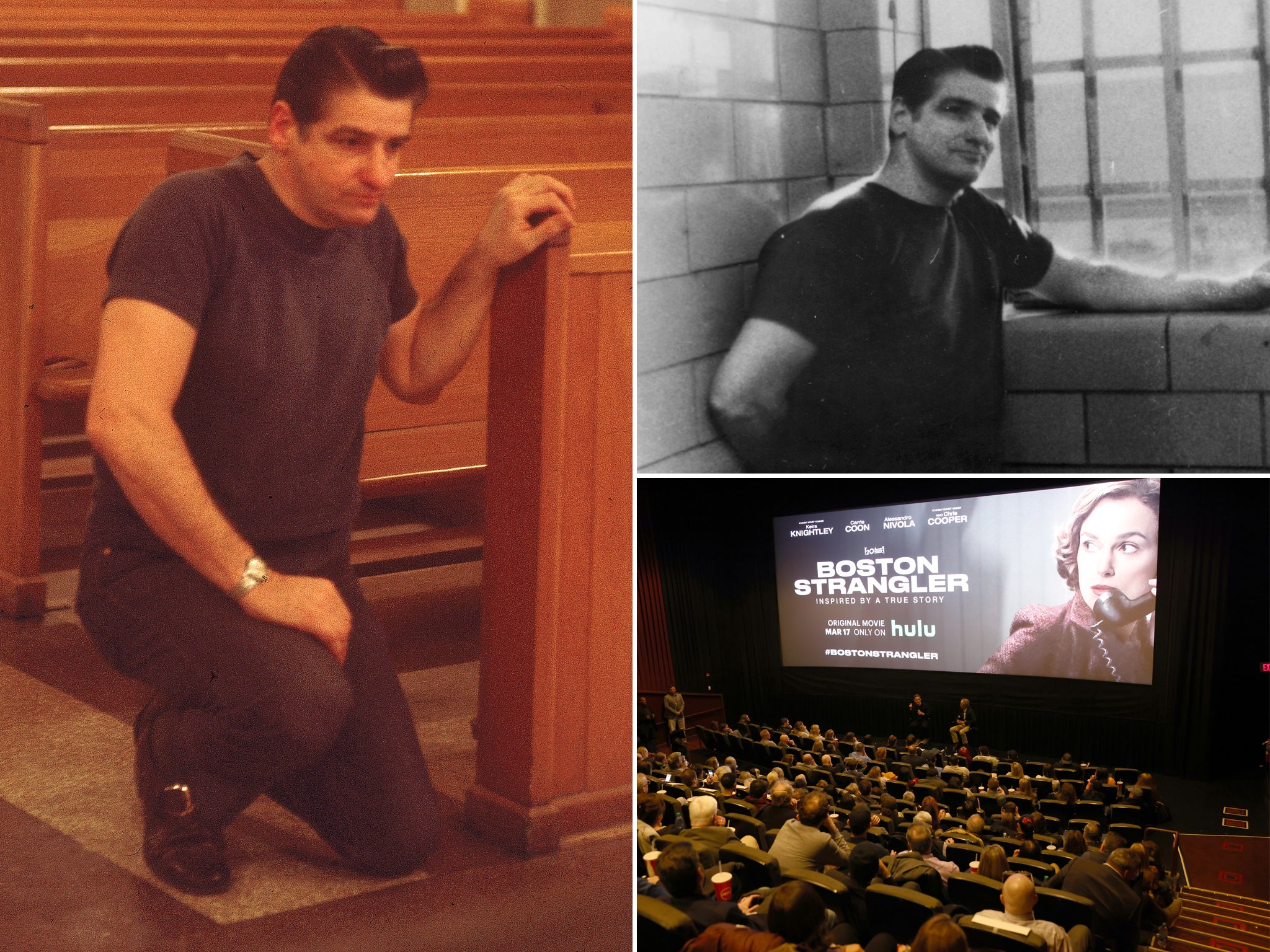 Left: Albert DeSalvo prays in the chapel at Walpole State Prison, South Walpole, Massachusetts, early 1970s; top right: DeSalvo stands in jail for charges unrelated to the Boston stranglings, in an undated photo; bottom right: Matt Ruskin and Dick Lehr participate in a Q&A during the Boston Strangler screening at AMC Boston Commons on 13 March 2023 in Boston, Massachusetts