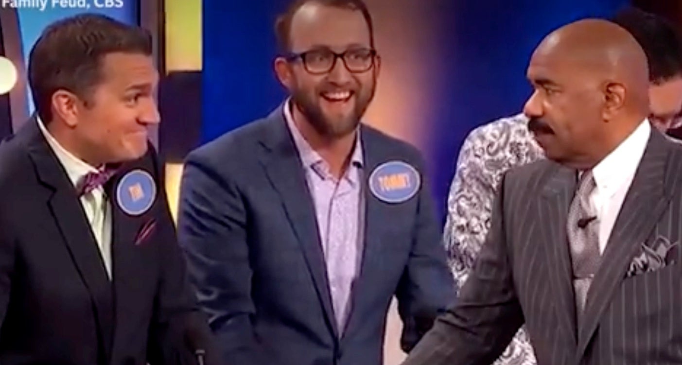 Timothy Bliefnick (on left) jokes about marriage to ‘Family Feud' host Steve Harvey