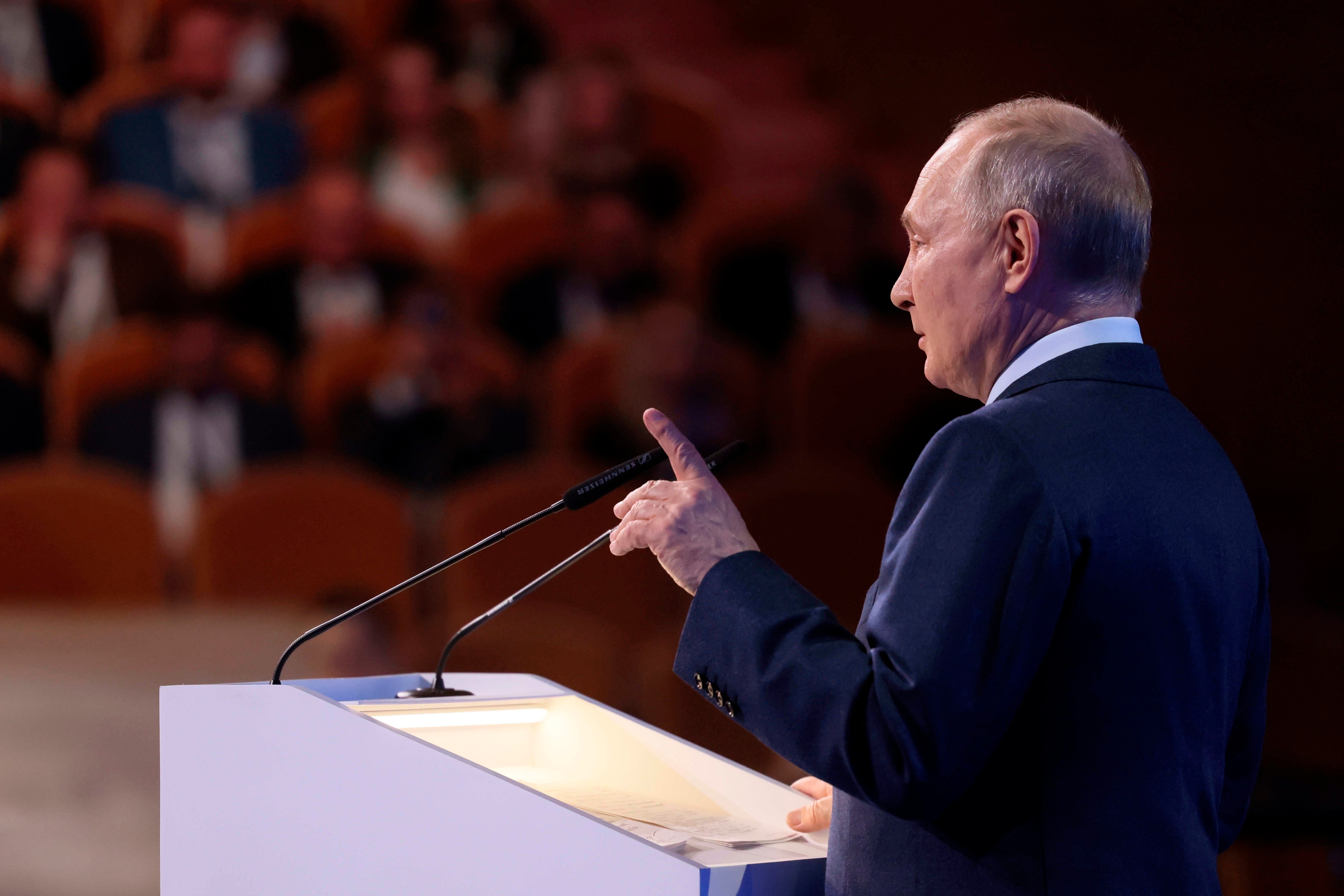 Russian President Vladimir Putin delivers his speech during the 17th Congress of the Russian Union of Industrialists and Entrepreneurs (RSPP) at the Moscow International House of Music in Moscow