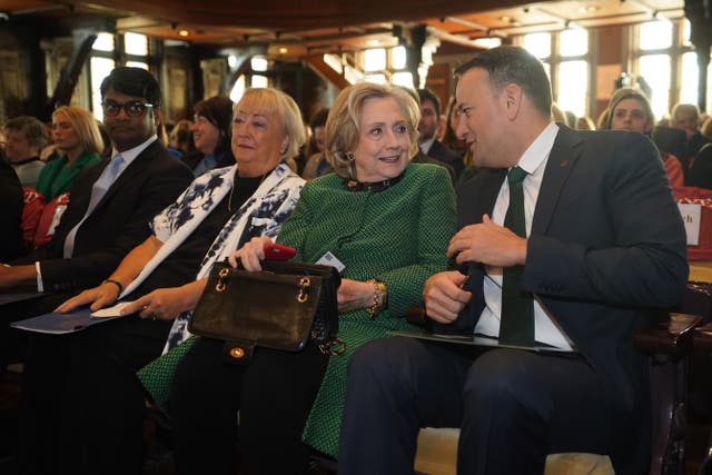 Taoiseach Leo Varadkar with Monica McWilliams and Hillary Clinton at the Women at the Helm conference at Georgetown University in Washington DC, during his visit to the US for St Patrick’s Day (Niall Carson/PA)