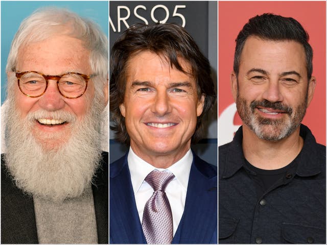 <p>David Letterman, Tom Cruise and Jimmy Kimmel</p>