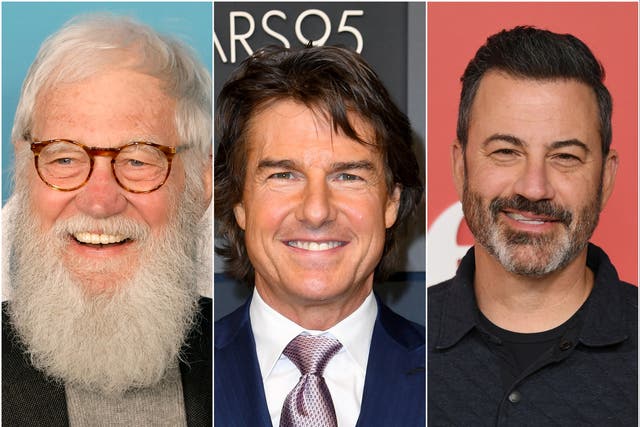 <p>David Letterman, Tom Cruise and Jimmy Kimmel</p>