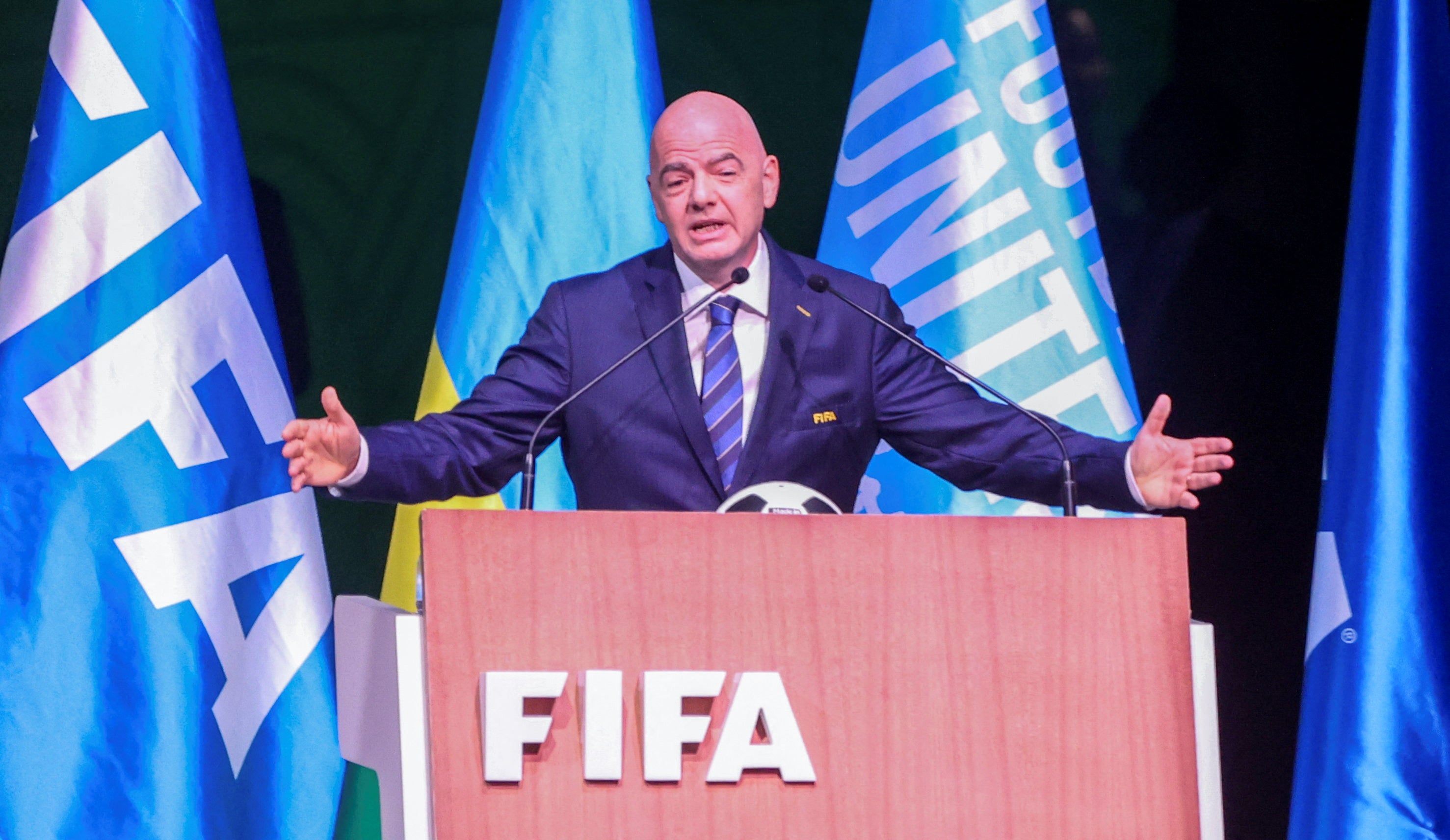 Gianni Infantino addresses the 73rd Fifa Congress in Kigali, Rwanda