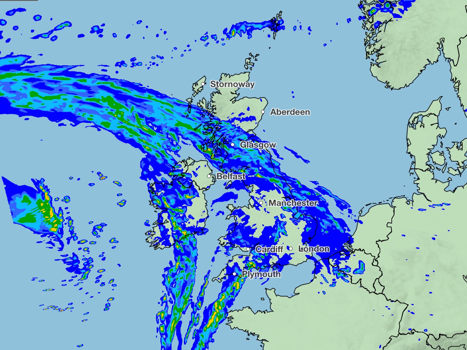 Weather map showing areas of rainfall on Monday