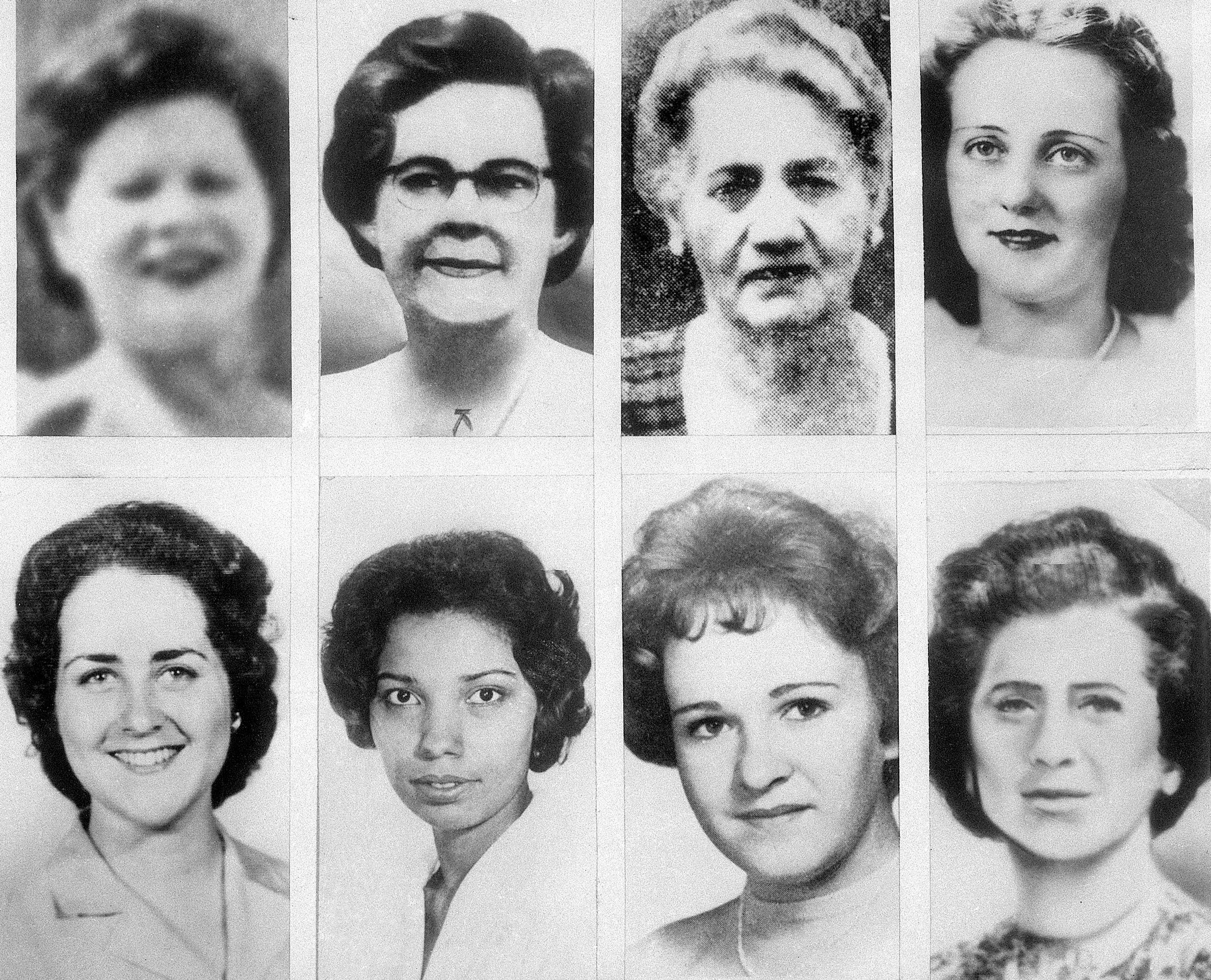 Top left to bottom right: Rachel Lazarus, Helen E. Blake, Ida Irga, Mrs. J. Delaney, Patricia Bissette, Daniela M. Saunders, Mary A. Sullivan, Mrs. Israel Goldberg