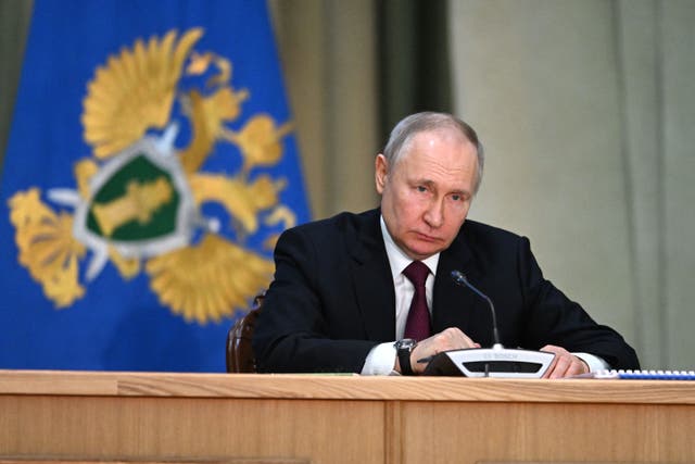 <p>Russian president Vladimir Putin attends an expanded board meeting of the Russian prosecutor general’s office in Moscow</p>
