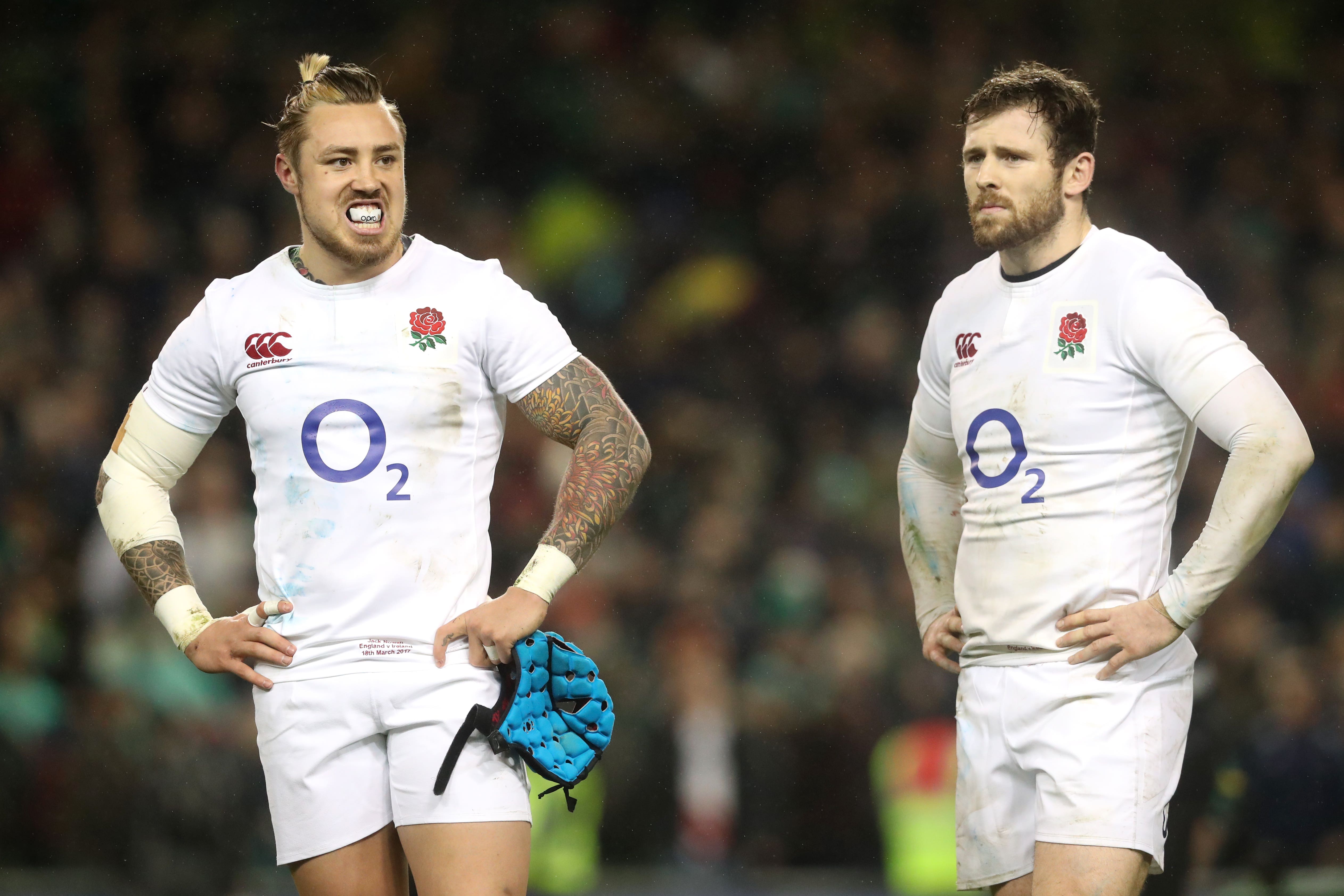 England pair Jack Nowell (left) and Elliot Daly (right) stand dejected after losing to Ireland in the Six Nations on this day in 2017 (Brian Lawless/PA)