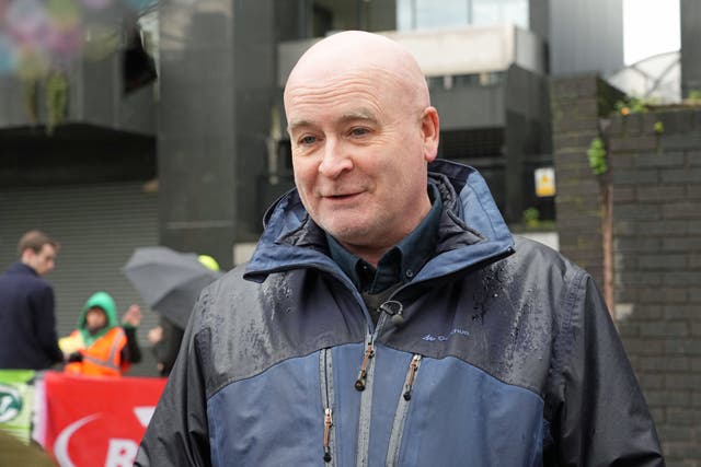 Mick Lynch, general secretary of the RMT, joined union members on the picket line outside Euston station (Jeff Moore/PA)