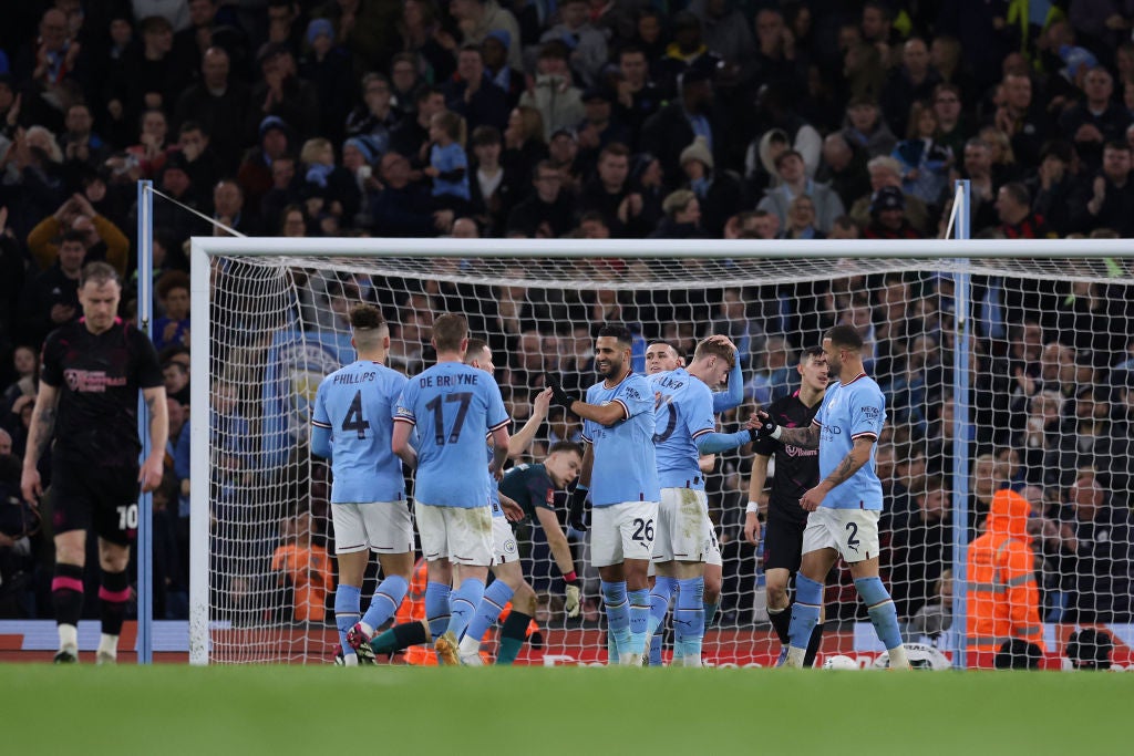 High fives: substitute Cole Palmer scores Manchester City’s fifth