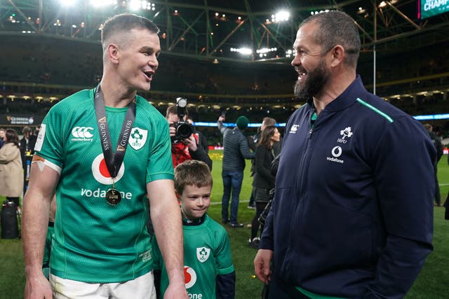 Ireland’s Jonathan Sexton and head coach Andy Farrell after the Guinness Six Nations match at Aviva Stadium, Dublin. Picture date: Saturday March 18, 2023.