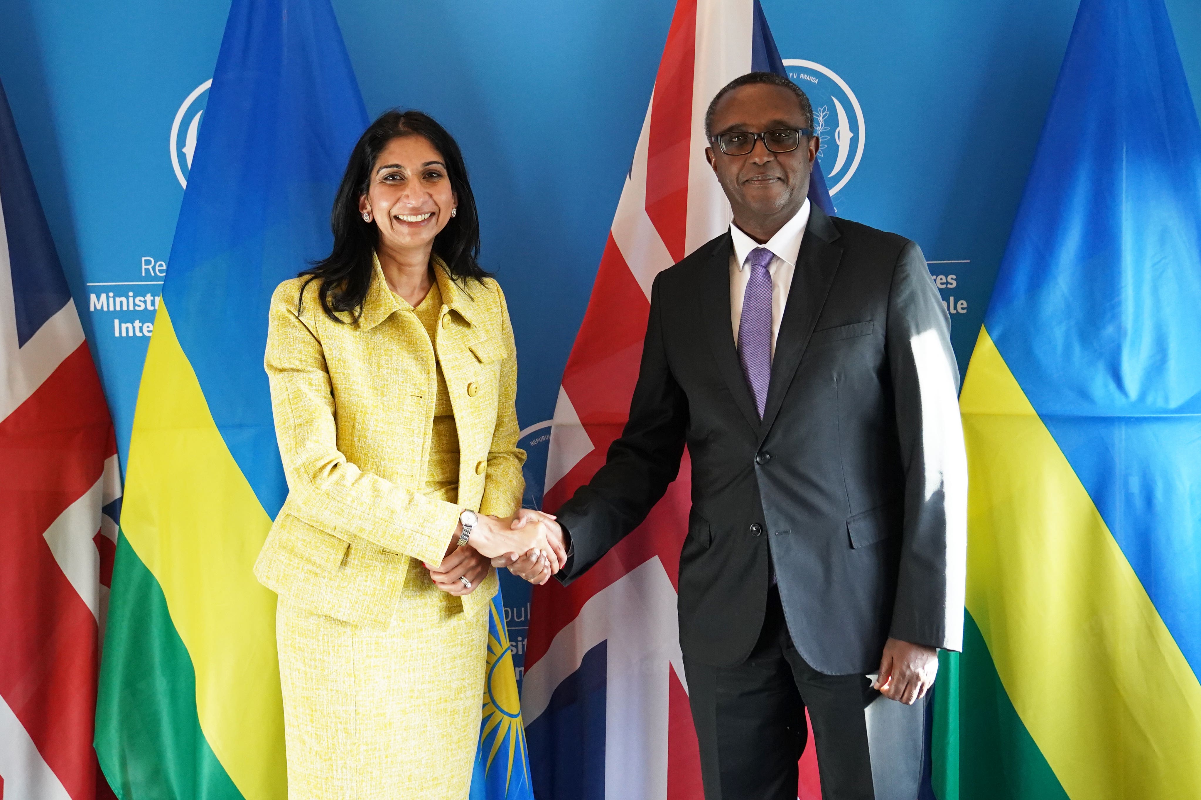 Home secretary Suella Braverman with Rwandan minister for foreign affairs Vincent Biruta in Kigali last month