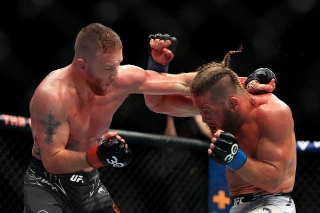 <p>Justin Gaethje (left) narrowly outpointed Rafael Fiziev in the co-main event</p>