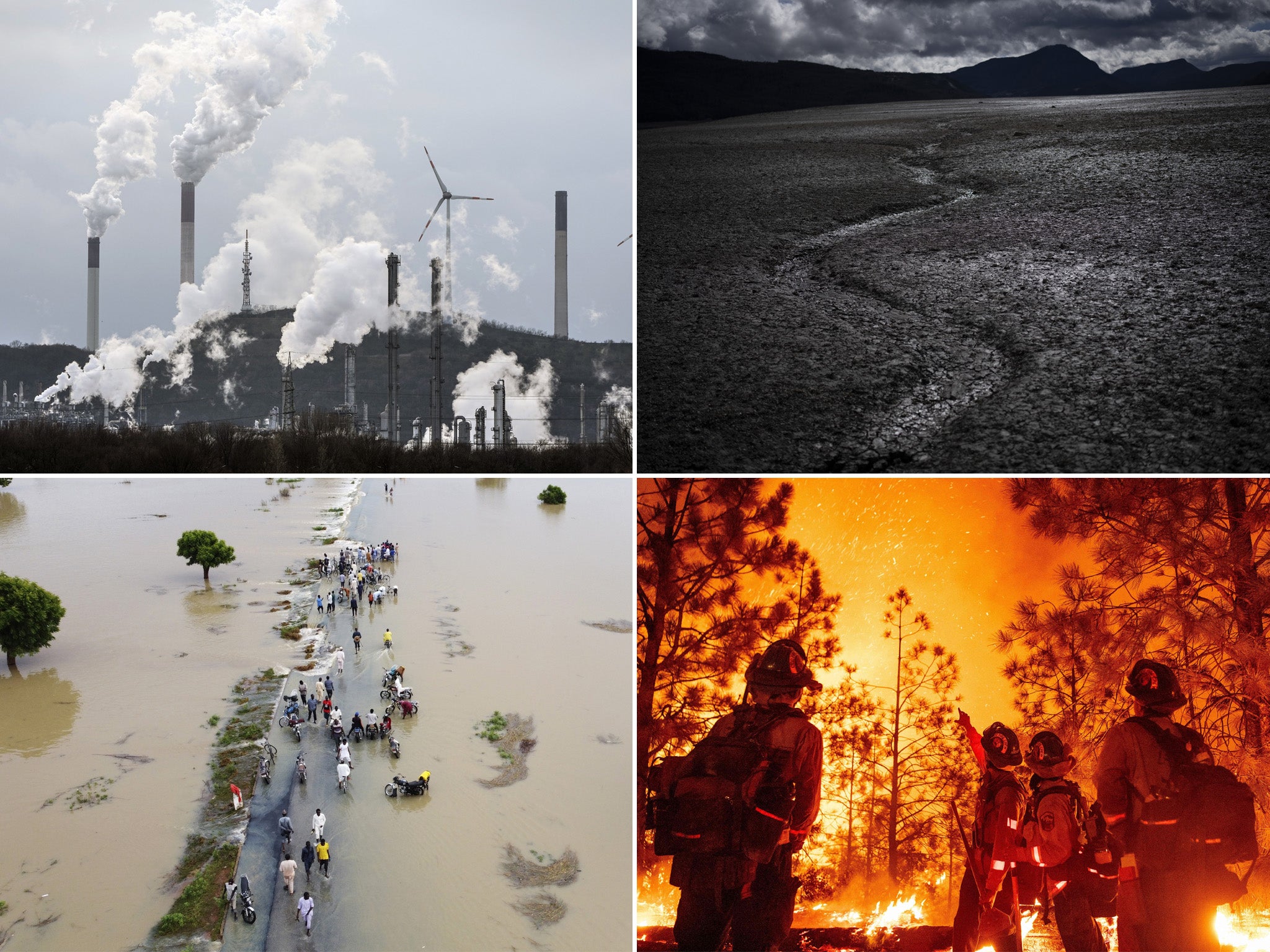 From top left, clockwise: An oil refinery and coal plant in front of wind turbines in Germany; drought-ravaged Lake Serre-Poncon, southern France; crews battle a wildfire in California in September 2022; people walk through floodwaters after heavy rainfall in Hadejia, Nigeria, September 2022