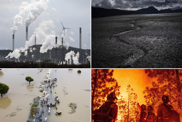 <p>From top left, clockwise: An oil refinery and coal plant in front of wind turbines in Germany; drought-ravaged Lake Serre-Poncon, southern France; crews battle a wildfire in California in September 2022; people walk through floodwaters after heavy rainfall in Hadejia, Nigeria, September 2022</p>