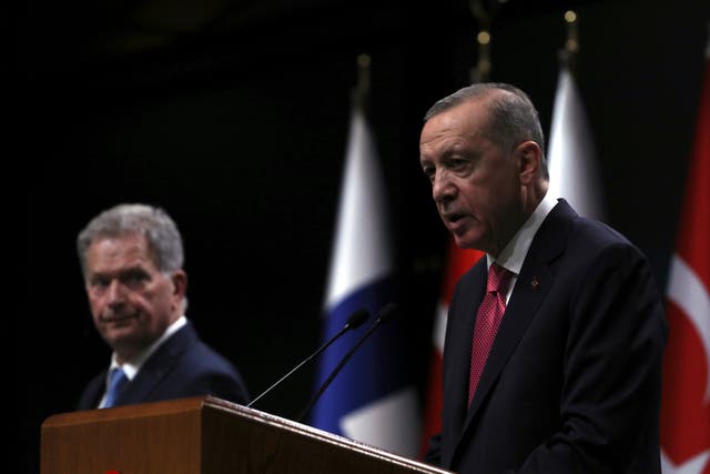 <p>Turkish president Recep Tayyip Erdogan, right, speaks next to Finland’s president Sauli Niinisto in Ankara earlier this month </p>