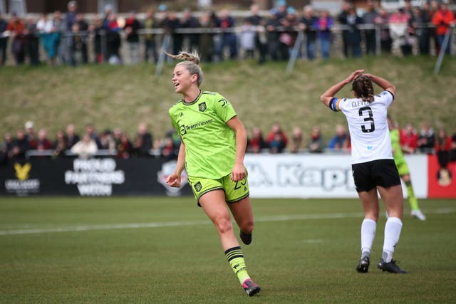<p>Alessia Russo of Manchester United celebrates the team's first goal, an own goal scored by Rhian Cleverly of Lewes</p>